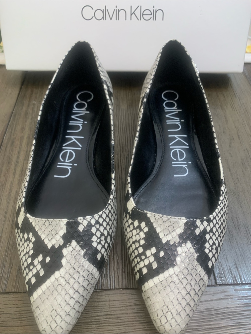 Calvin Klein Women's Snake-Print Pointed Flats in Black and Cream